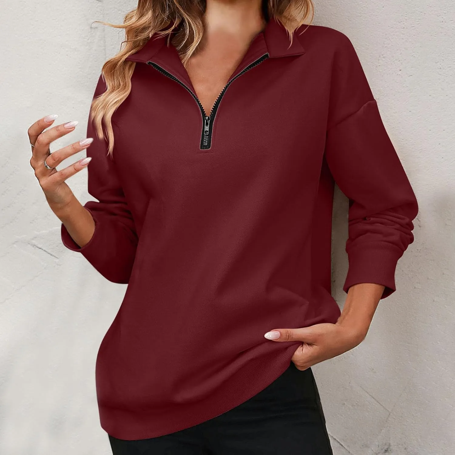 Sweatshirts for Women 2024 Fall Casual Loose Fit Long Sleeve V Neck Zipper Pullovers Solid Color Going Out Tops