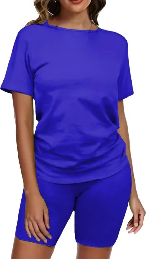 Sweatsuits Women 2 Piece Outfit Solid Color Set Short Sleeve Crew Neck Tops Biker Shorts Summer Lounge Set 2025