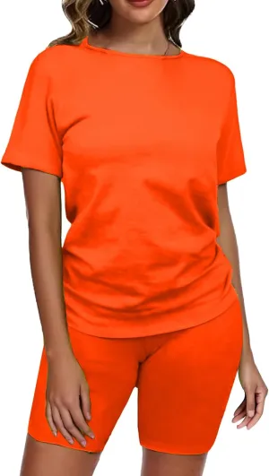 Sweatsuits Women 2 Piece Outfit Solid Color Set Short Sleeve Crew Neck Tops Biker Shorts Summer Lounge Set 2025