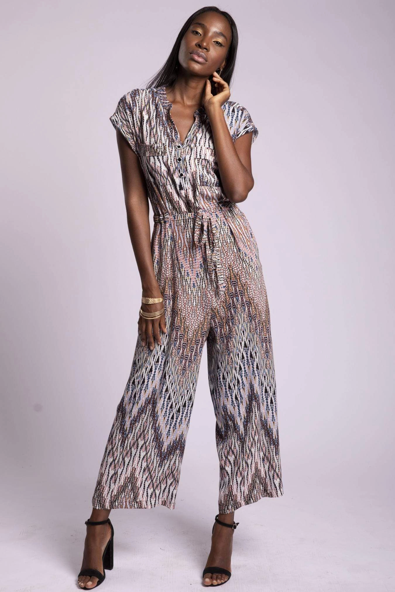 Flattering Drape Sporty Blouse Noah Blue Printed Crepe Jumpsuit - Cape Town