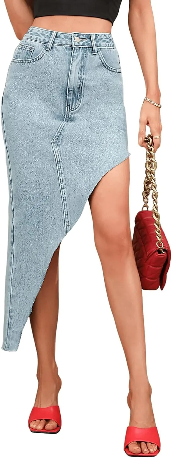 SweatyRocks Women's High Waist Button Front Jean Skirt Asymmetrical Hem Long Denim Skirts