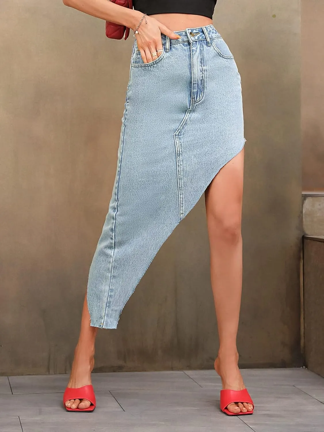 SweatyRocks Women's High Waist Button Front Jean Skirt Asymmetrical Hem Long Denim Skirts