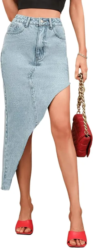 SweatyRocks Women's High Waist Button Front Jean Skirt Asymmetrical Hem Long Denim Skirts