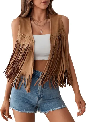 SweatyRocks Women's Suede Fringe Trim Sleeveless Crop Vest Jacket Button Front Coat