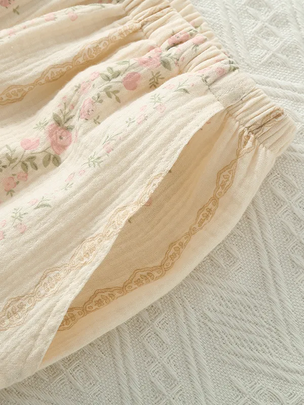 Sweet Lace Front Flowers Printed Pajama Set