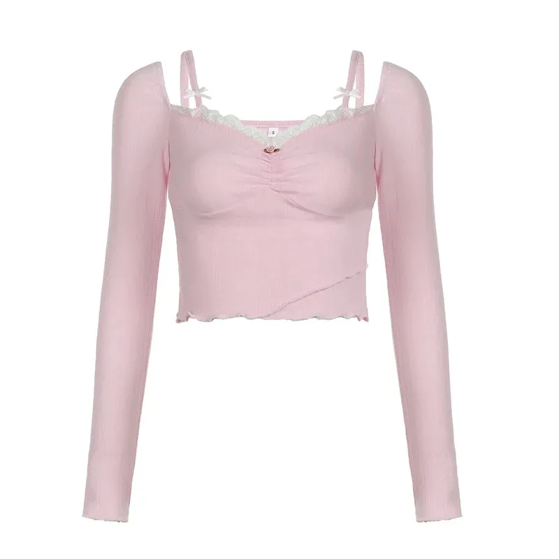 Sweet Pink Frill Bow Lace Crop Top