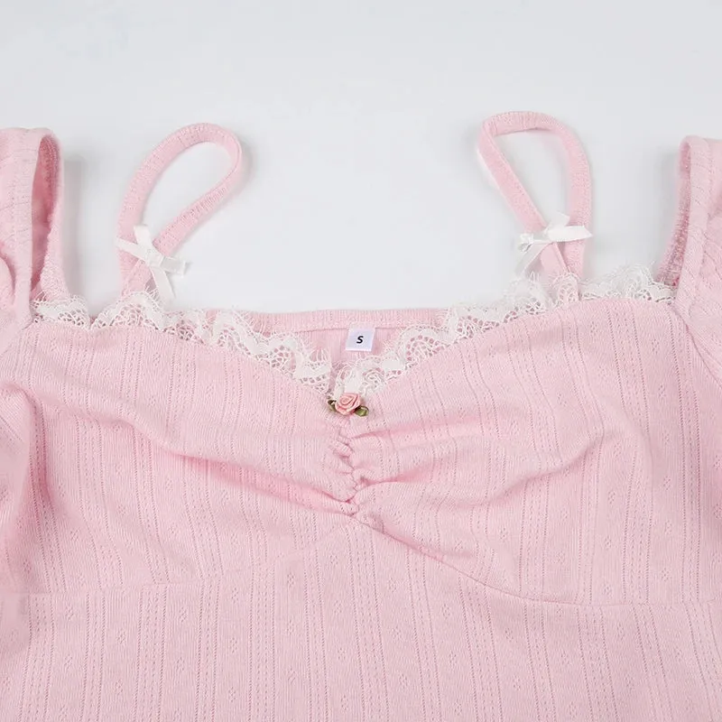 Sweet Pink Frill Bow Lace Crop Top