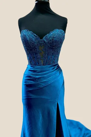 Sweetheart Blue Appliques Fitted Long Formal Dress