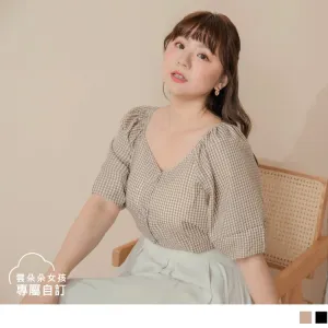 SWEETHEART COLLAR CHECKED PUFF SLEEVE TOPS