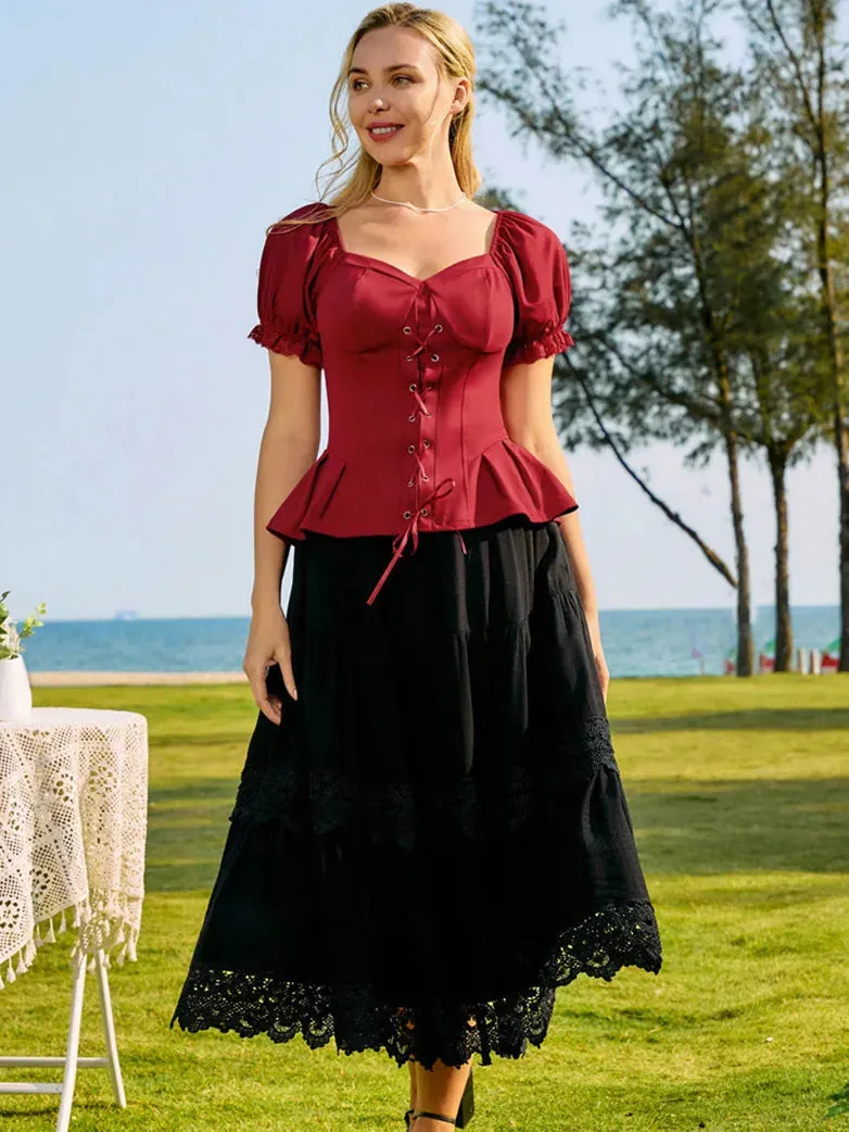 Sweetheart Neck Puff Sleeves Cross Straps Blouse
