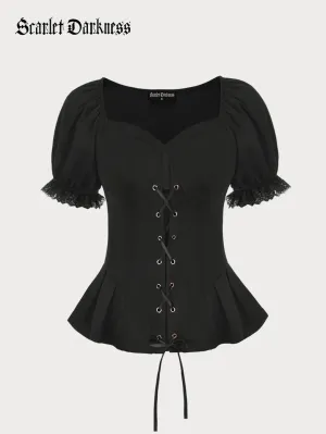 Sweetheart Neck Puff Sleeves Cross Straps Blouse