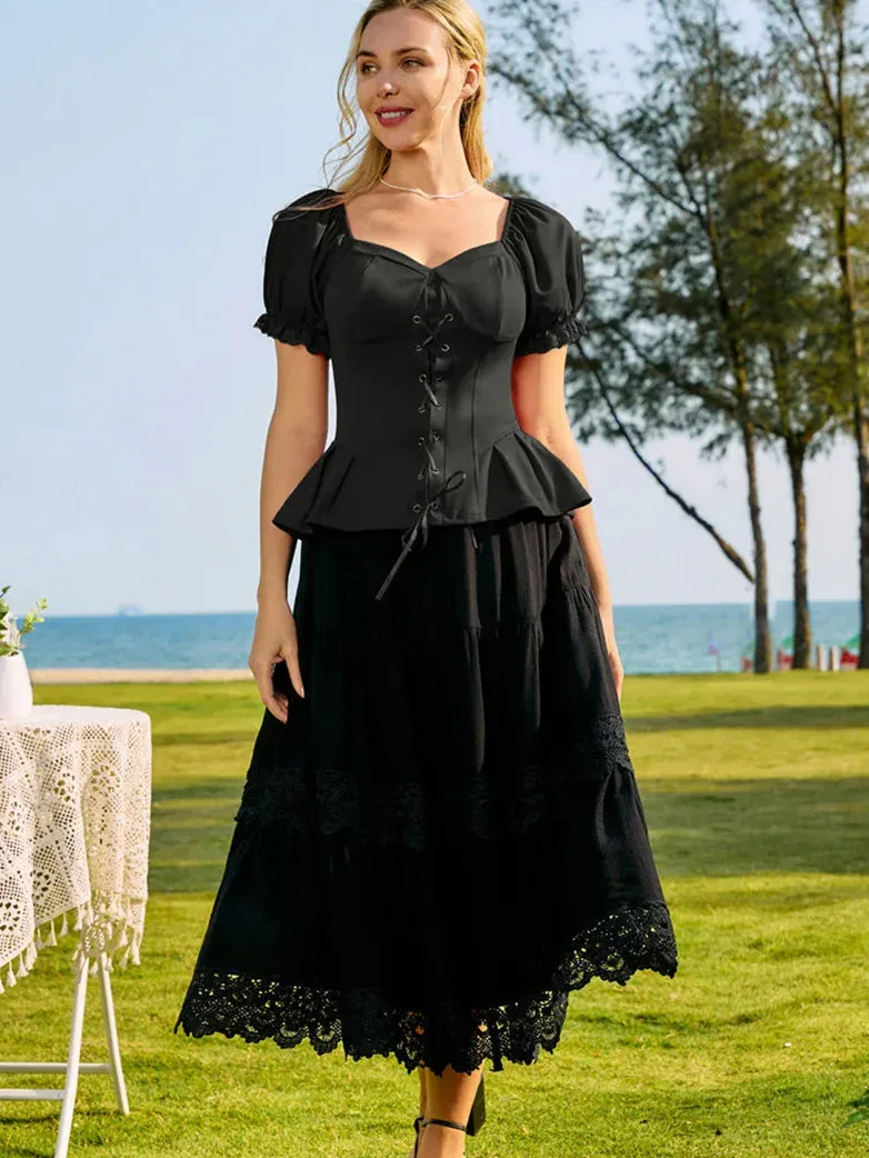 Sweetheart Neck Puff Sleeves Cross Straps Blouse