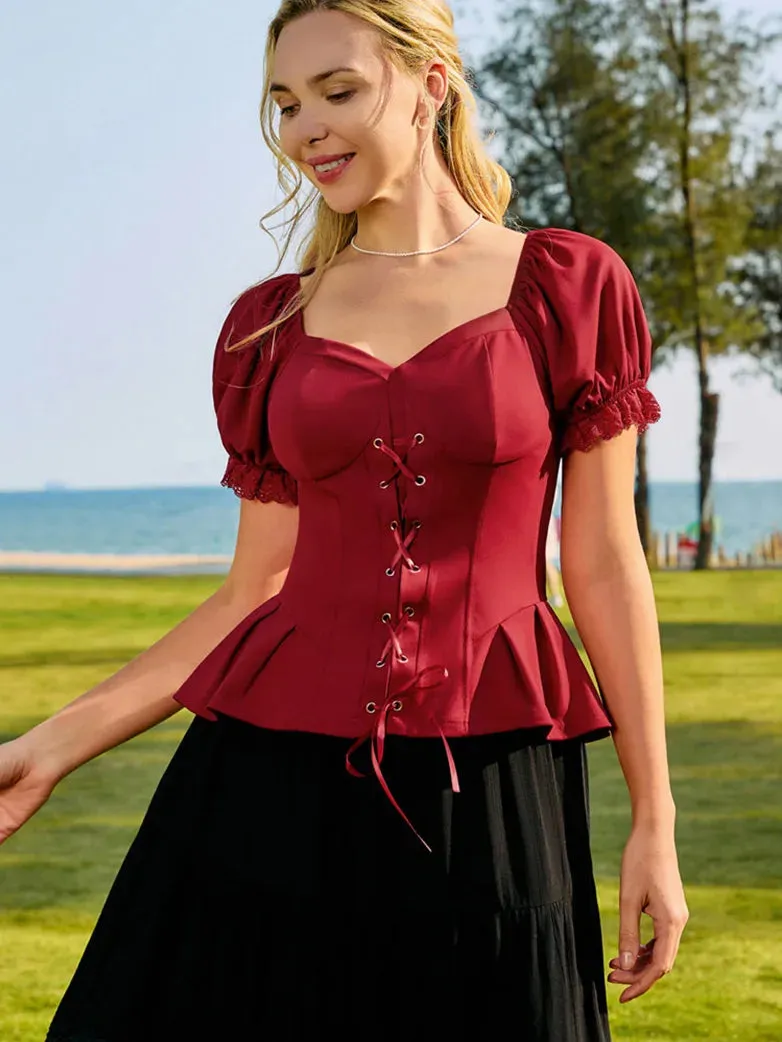 Sweetheart Neck Puff Sleeves Cross Straps Blouse