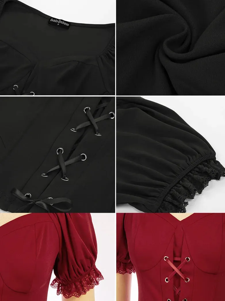 Sweetheart Neck Puff Sleeves Cross Straps Blouse