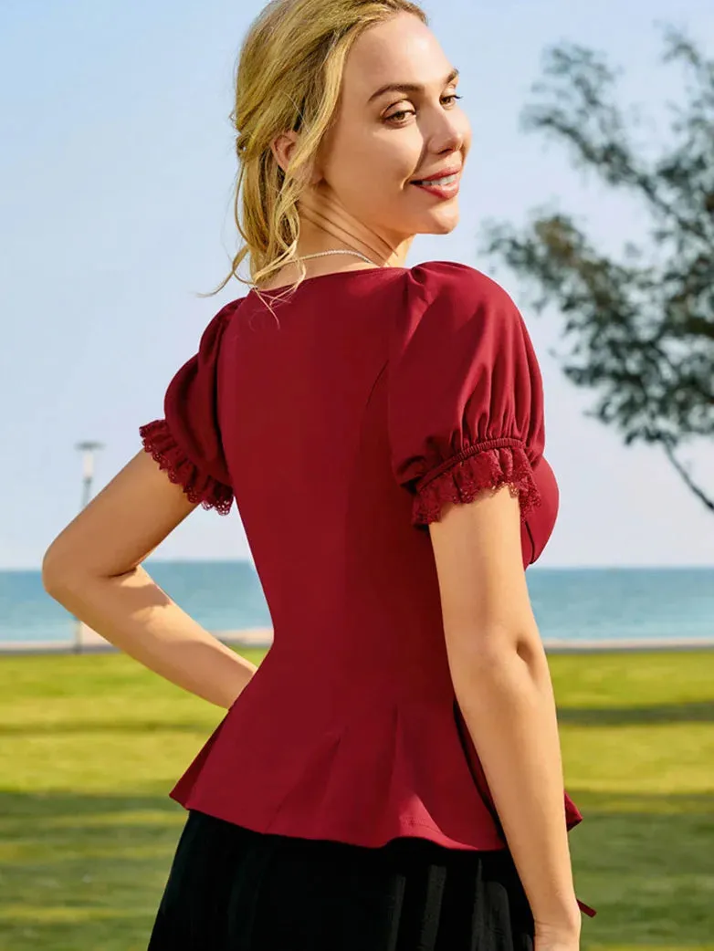 Sweetheart Neck Puff Sleeves Cross Straps Blouse