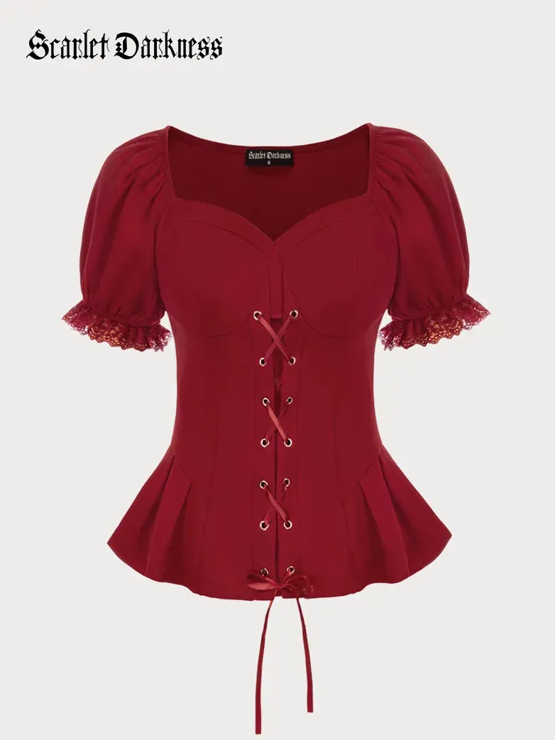 Sweetheart Neck Puff Sleeves Cross Straps Blouse