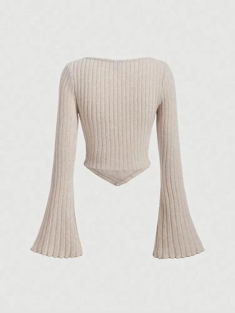 Sweetheart Neck Rib-Knit Flare Sleeve Crop Top
