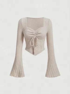 Sweetheart Neck Rib-Knit Flare Sleeve Crop Top