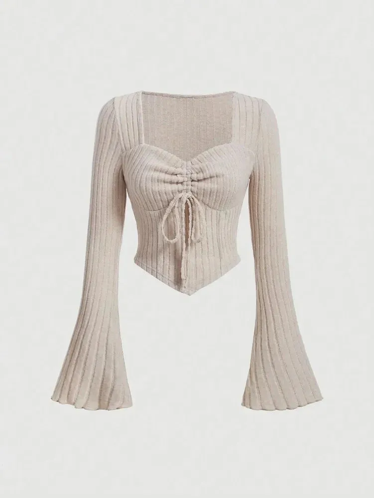 Sweetheart Neck Rib-Knit Flare Sleeve Crop Top