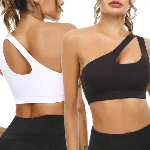 Sykooria Womens One Shoulder Sports Bras Workout Left Strap Yoga Bras Cute Medium Support Crop Tops