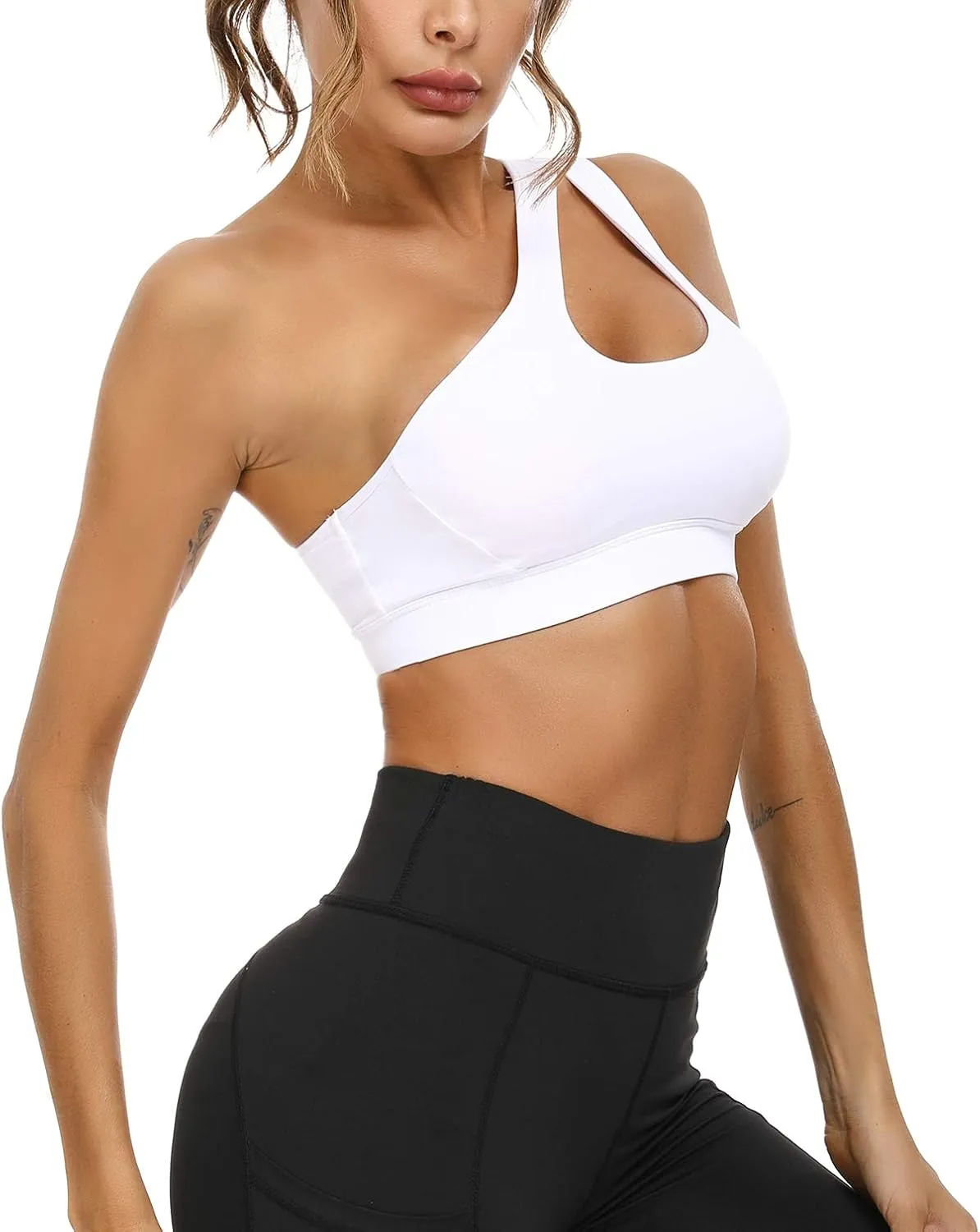 Sykooria Womens One Shoulder Sports Bras Workout Left Strap Yoga Bras Cute Medium Support Crop Tops