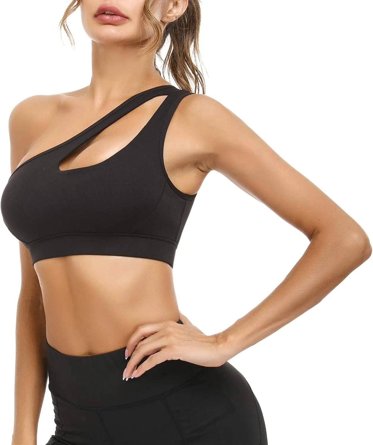 Sykooria Womens One Shoulder Sports Bras Workout Left Strap Yoga Bras Cute Medium Support Crop Tops