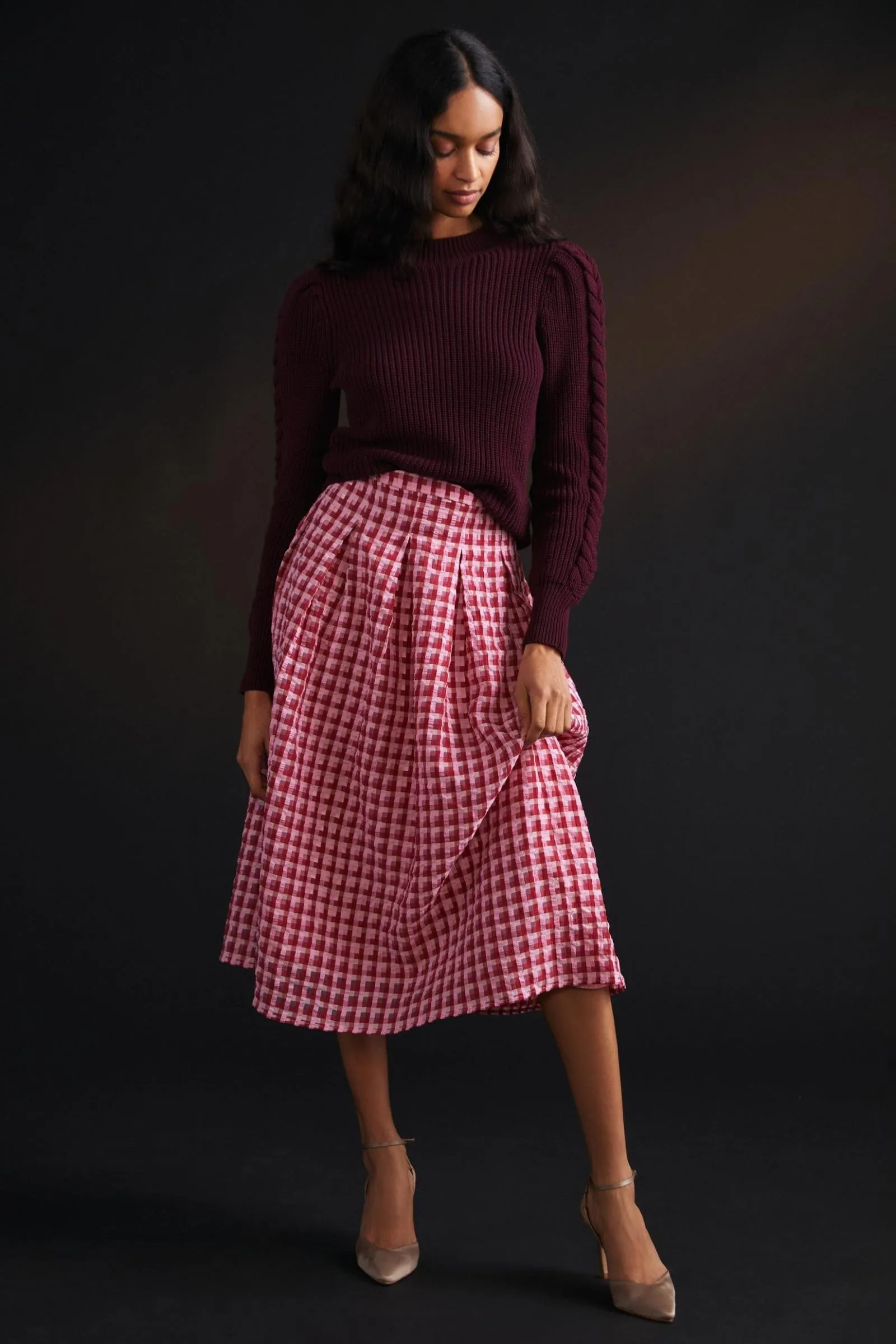 Textured Plaid Midi Skirt Seasonal special Mood Dressing