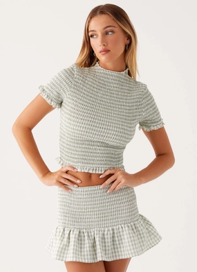 Tagless Collar Design Sweetest Pie T-Shirt - Sage Gingham Durable Reinforced Shoulders Sweetest Pie T-Shirt - Sage Gingham