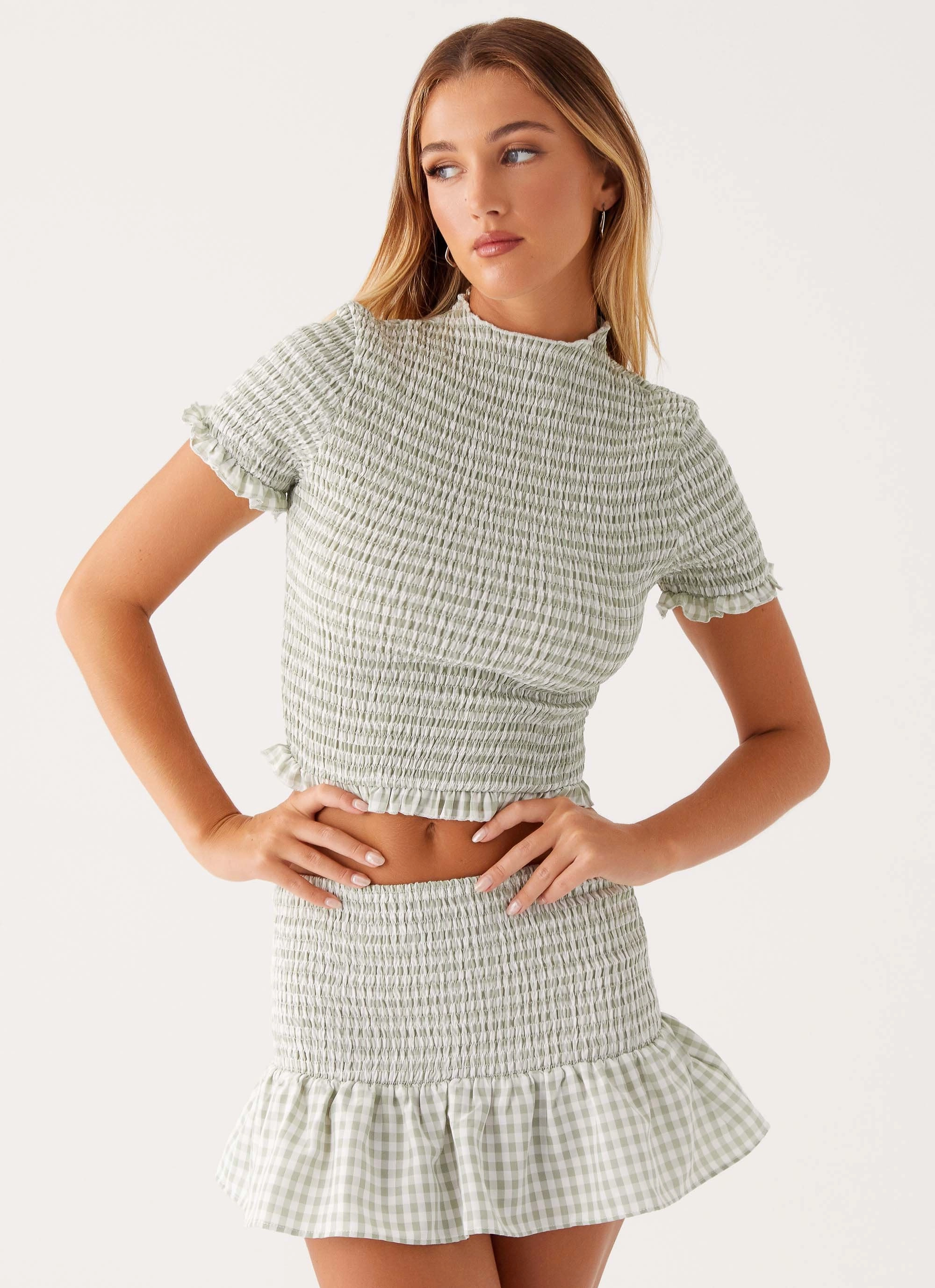 Durable Reinforced Shoulders Sweetest Pie T-Shirt - Sage Gingham