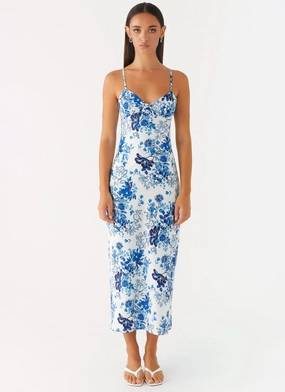 Take Chances Midi Dress - Serene Sky Floral High Hemline Evening Look