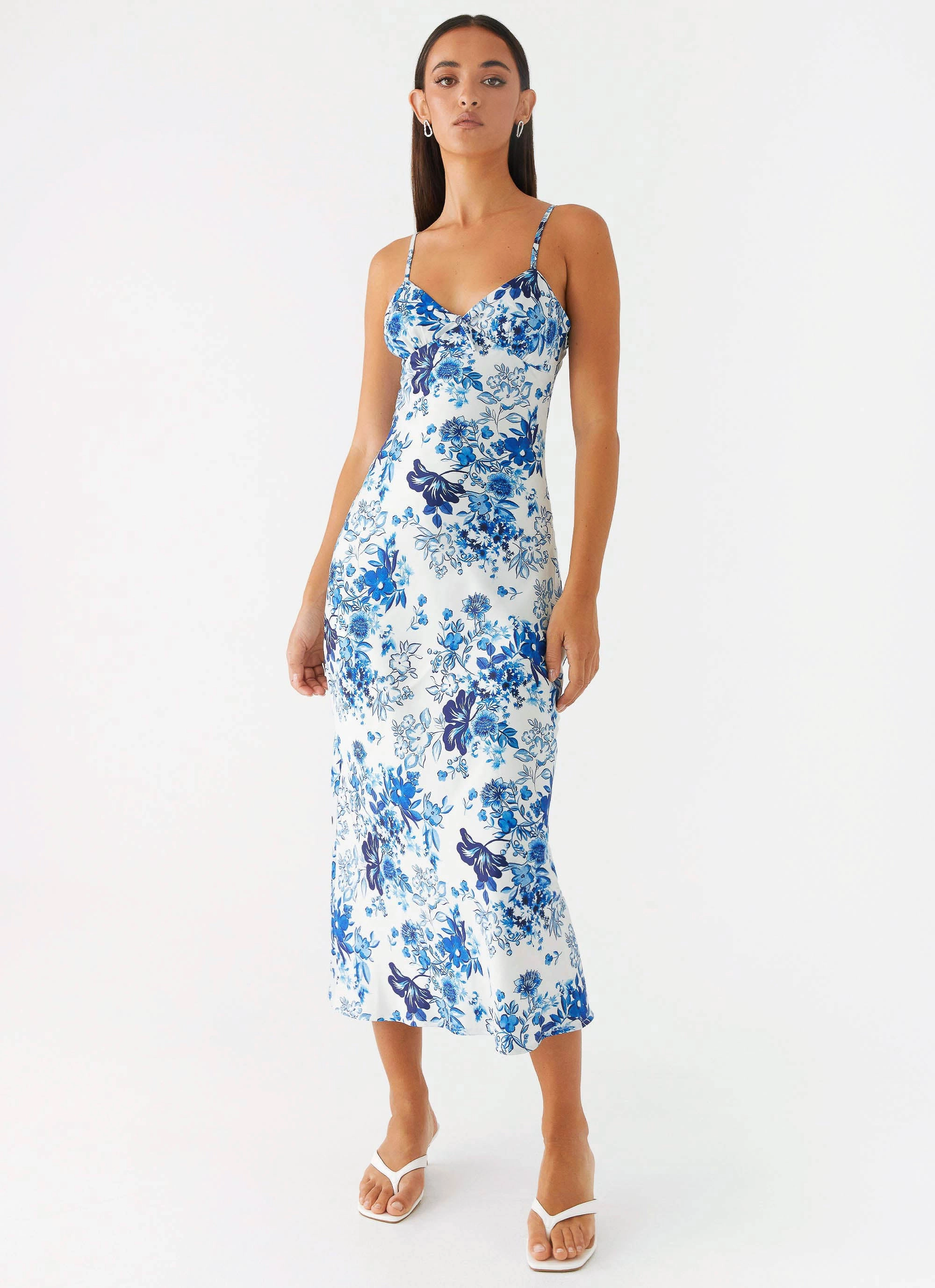 Take Chances Midi Dress - Serene Sky Floral Crisp Texture Tiered Skirt