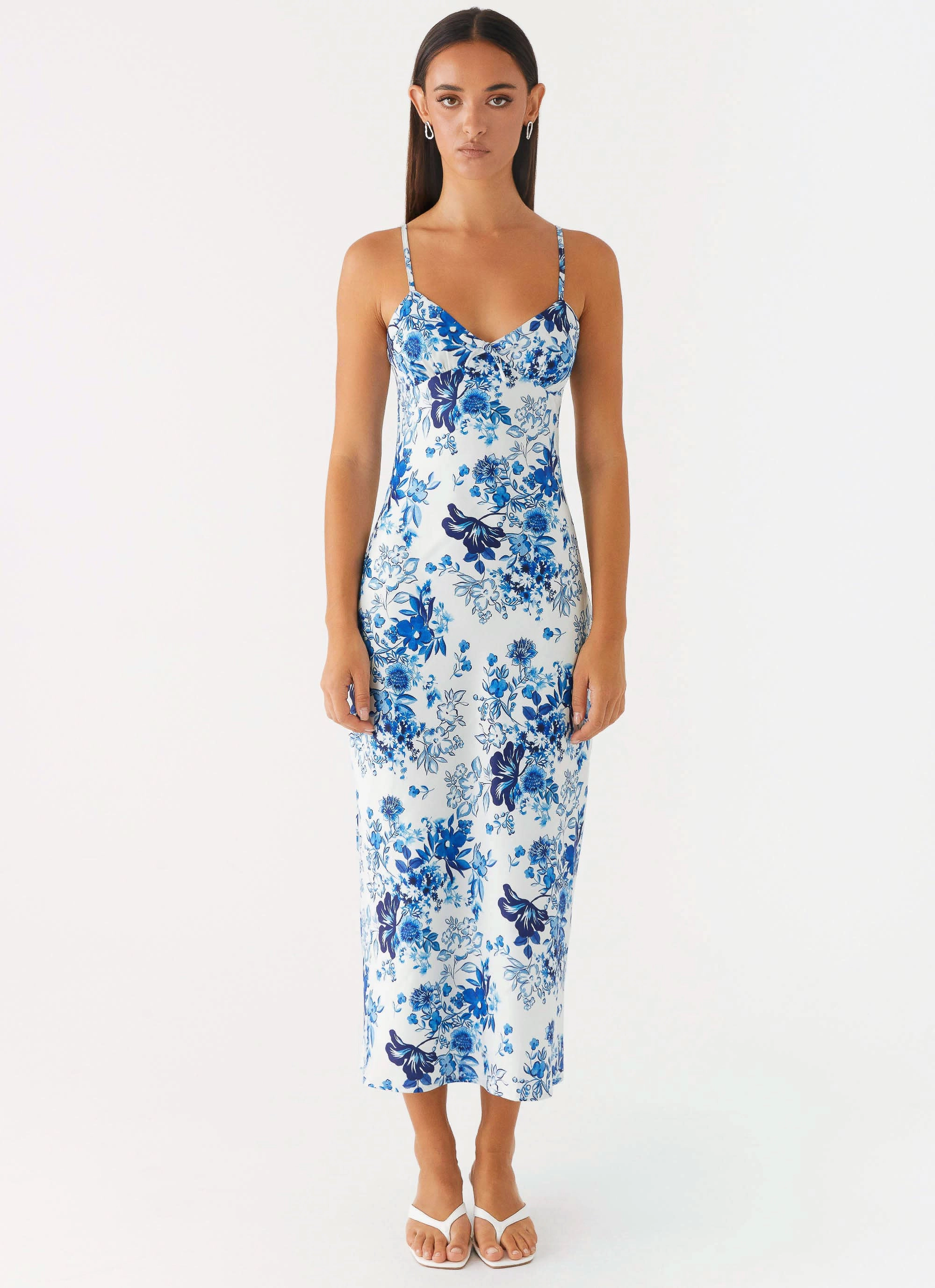 Take Chances Midi Dress - Serene Sky Floral High Hemline Evening Look