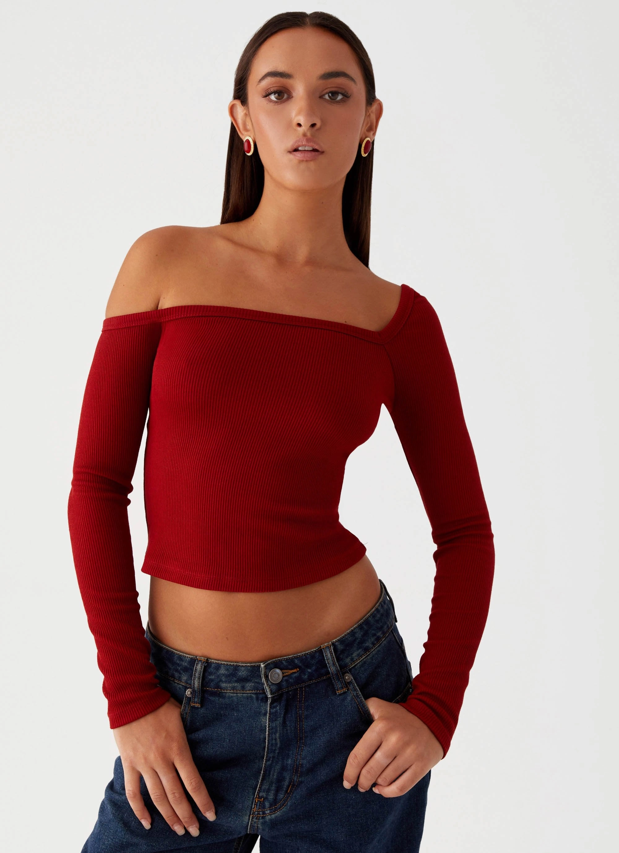 Talia Asymmetric Long Sleeve Top - Red Garment Washed Softness