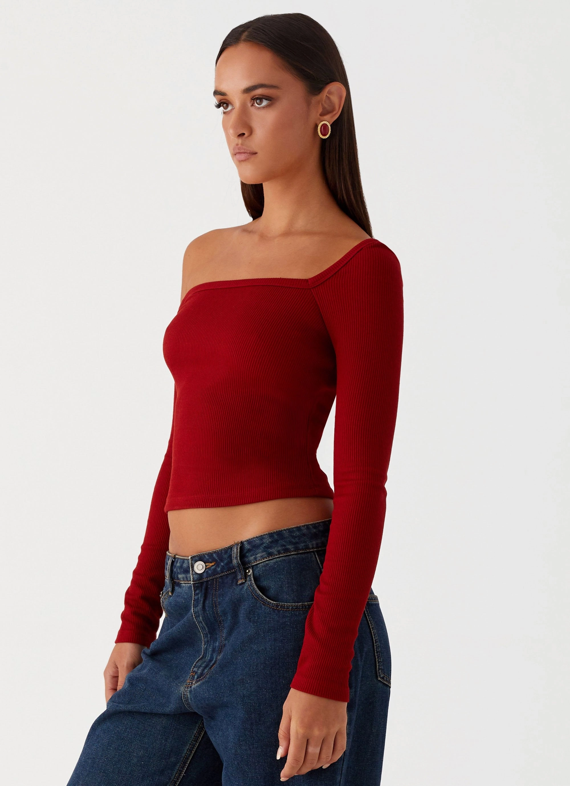 Talia Asymmetric Long Sleeve Top - Red MultiFunctionalPockets Sporty T-shirt