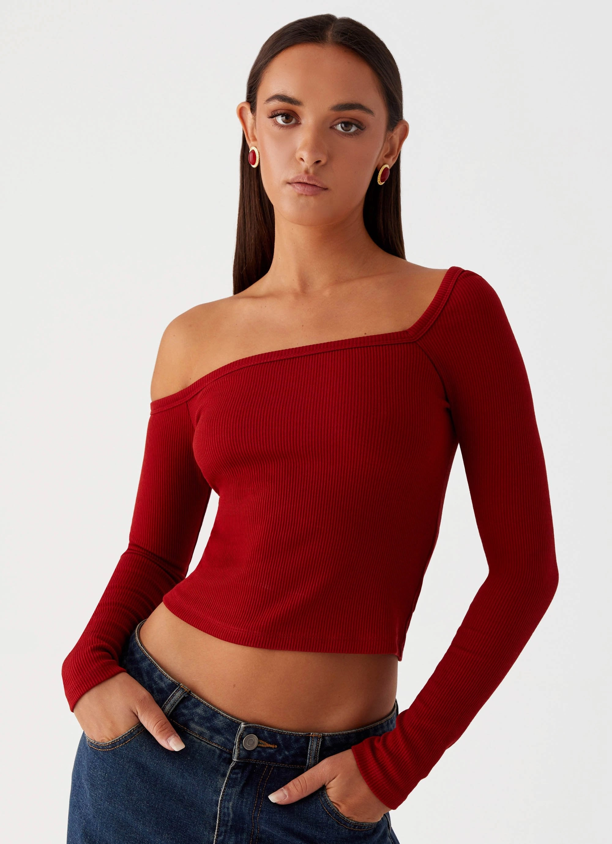 Talia Asymmetric Long Sleeve Top - Red Knit Fabric Technology