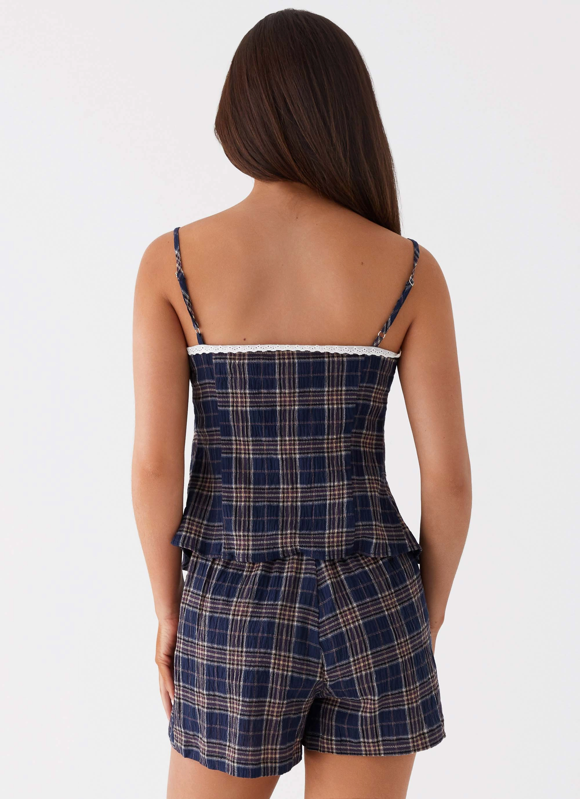 Tamaira Tie Top - Navy Check ChafeFreeEdging