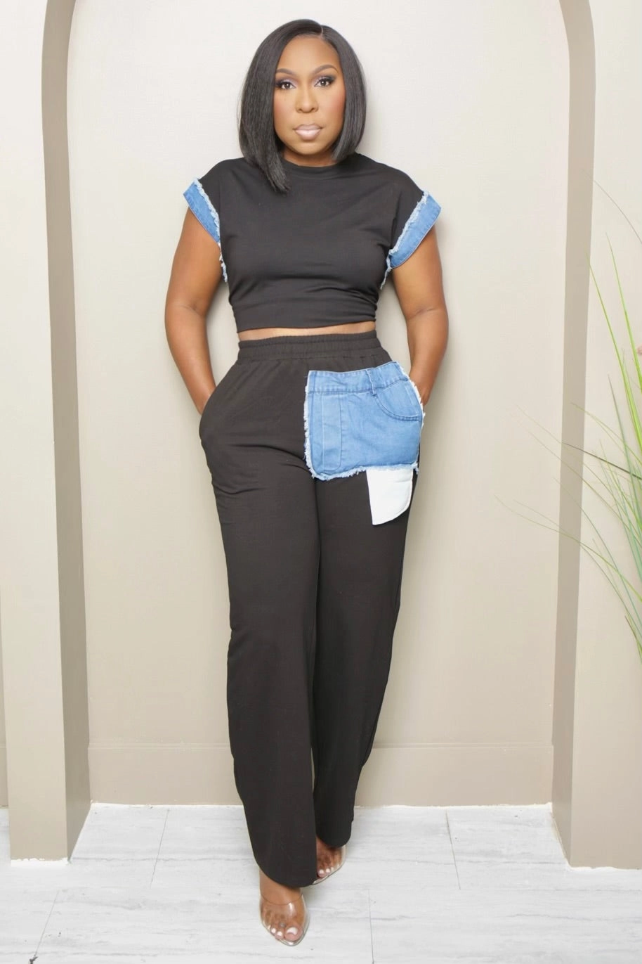 Layered Wear Tanise Denim Contrast Two-Piece Set