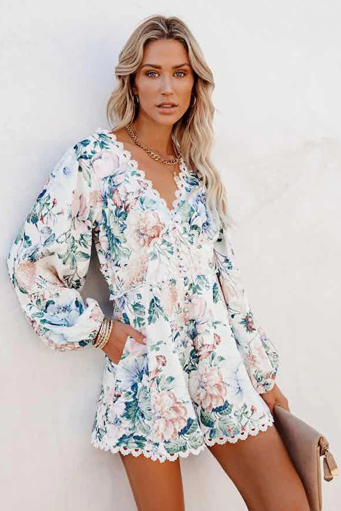 TastyHottie - Floral Pocketed Crochet Rompers