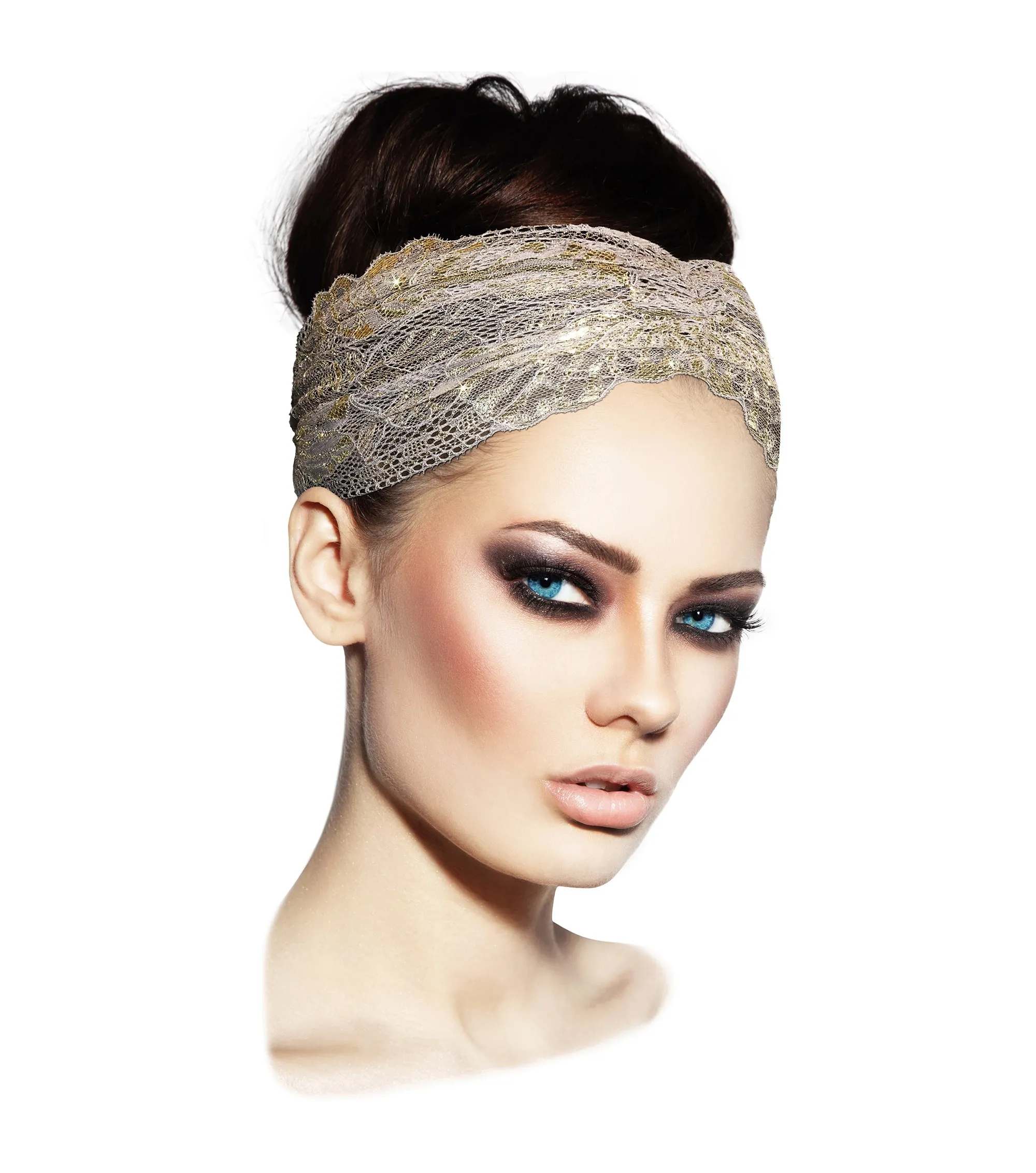 Taupe gold sparkly floral lace headband