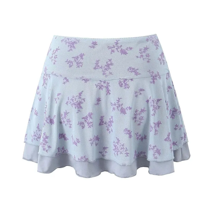 TAVIMART  -  Sexy Women Low Waist A-line Mini Mesh Skirt Floral Print Ladies Summer Skirts