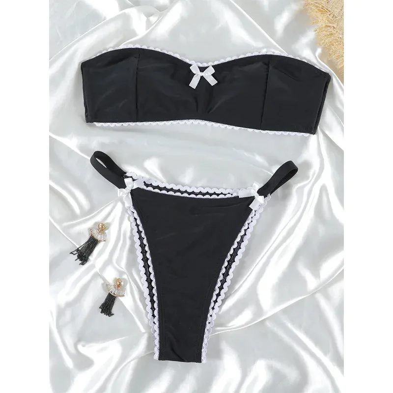 TAVIMART  -  Solid Bikini Set Bow Swimsuit Sexy Swimwear Women Low Waist Bikinis Off Shoulder Swimsuits Two Piece Suit Biuqini Beach Wear
