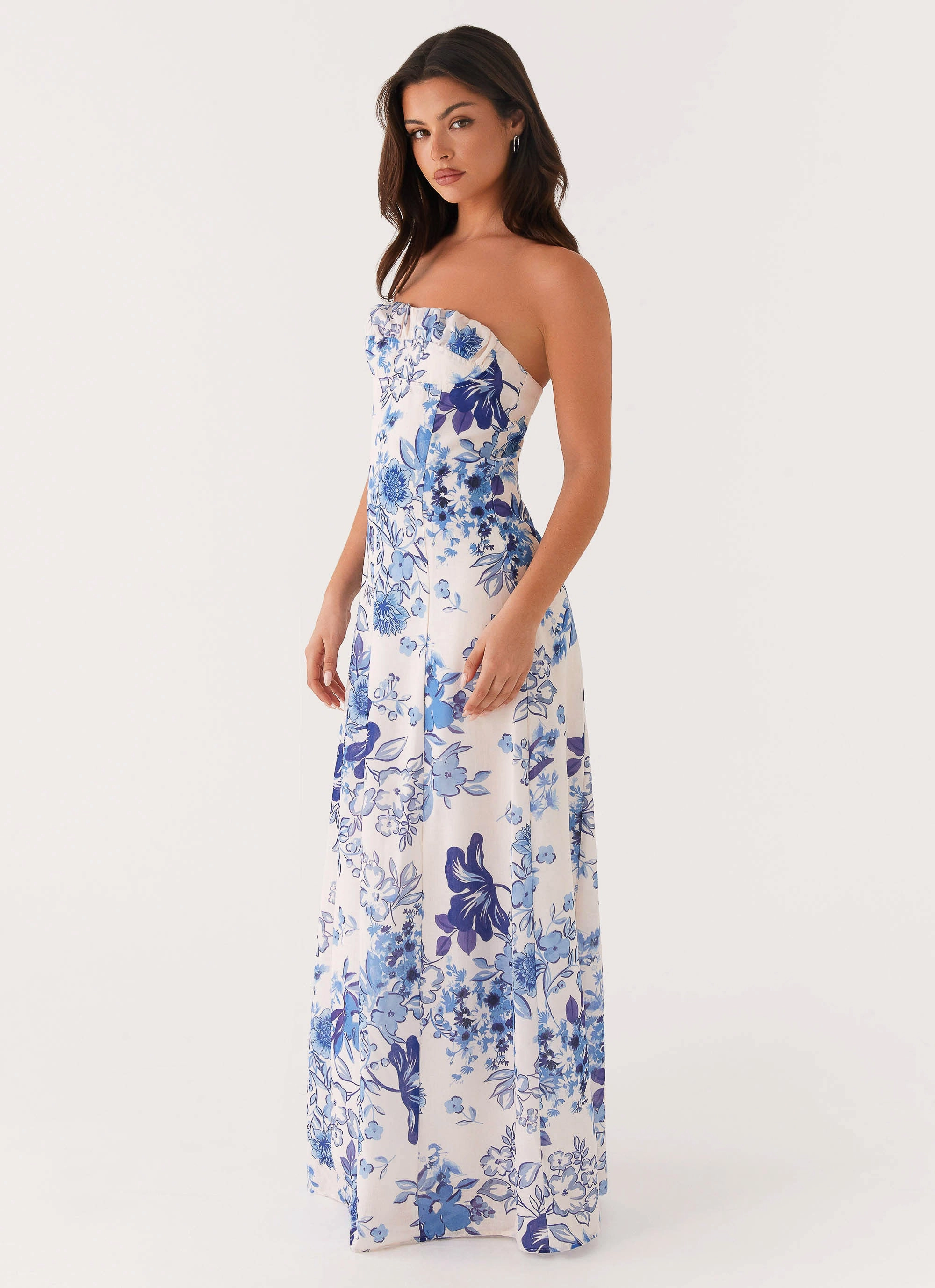 Tayla Linen Maxi Dress - Serene Sky Floral Brunch Tone Timeless elegance