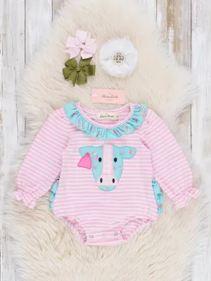 Teal & Pink Floral Embroidered Cow Bubble