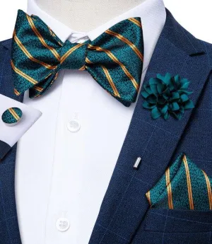 Teal Green Paisley and Gold Stripes Matching Bowtie Set (4pc)