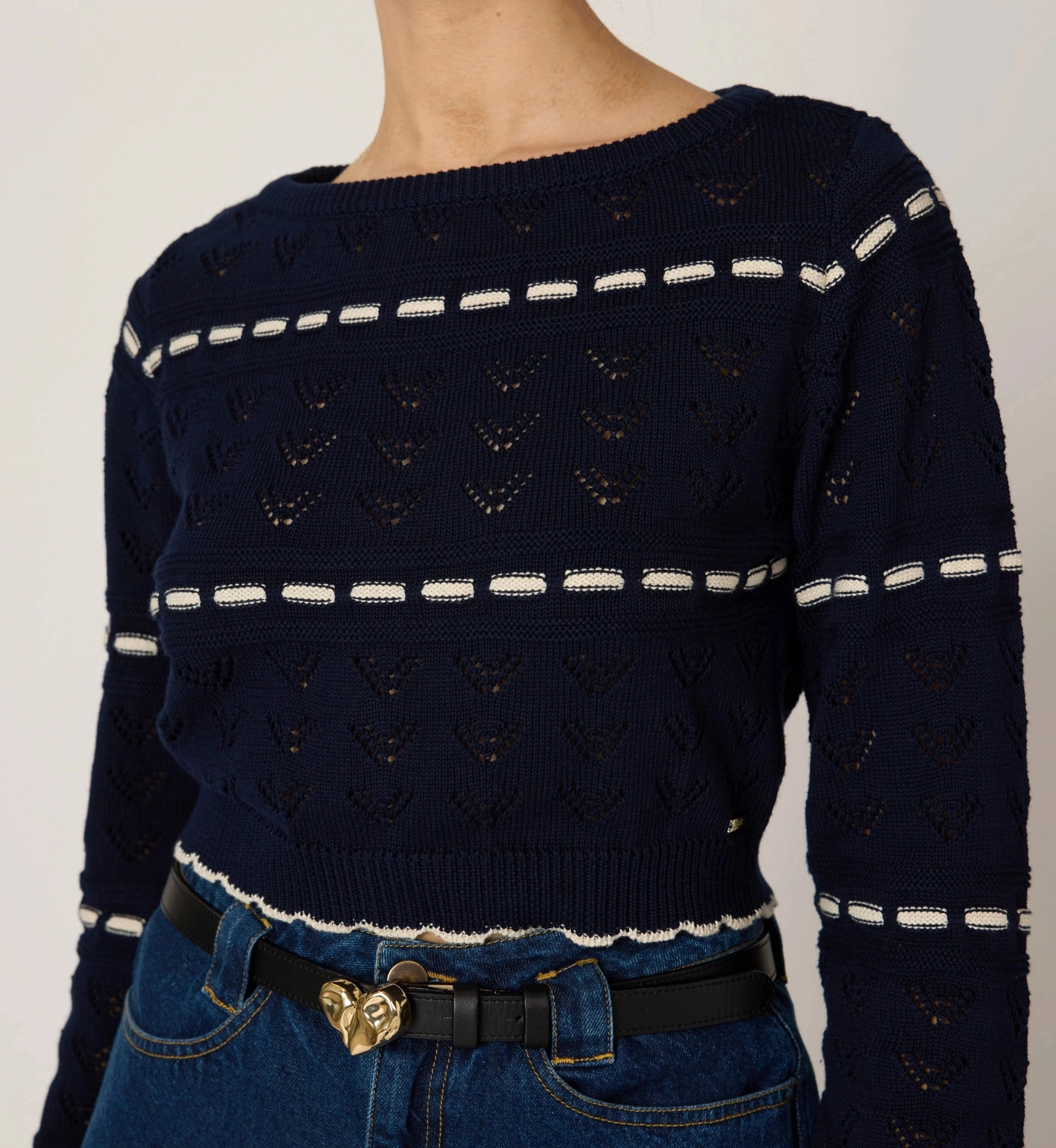 Interlock Stitch Detail Estrella Sweater | Dark Blue/Ivory