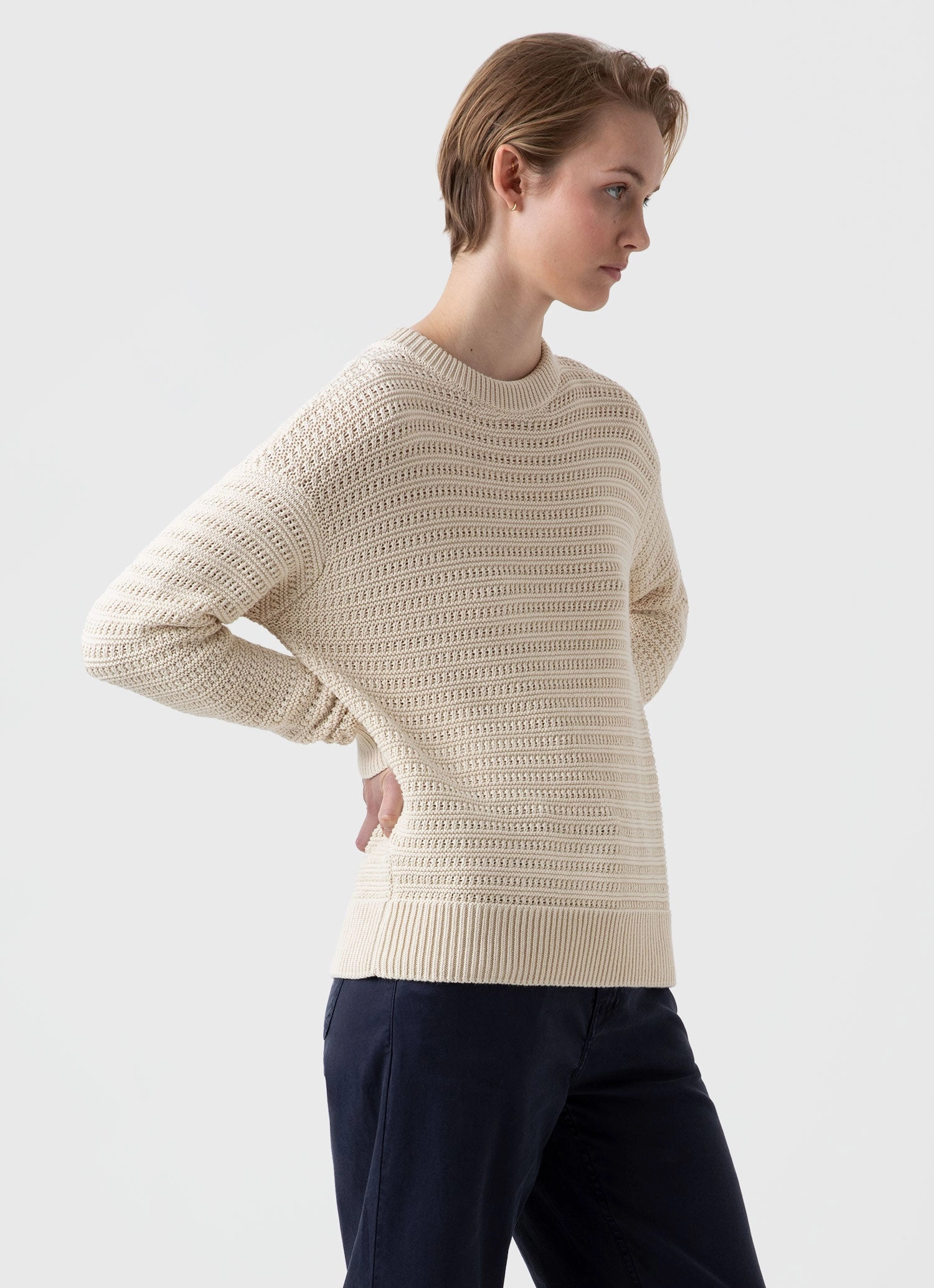 Women's Chunky Textured Jumper in Ecru Crewneck Style