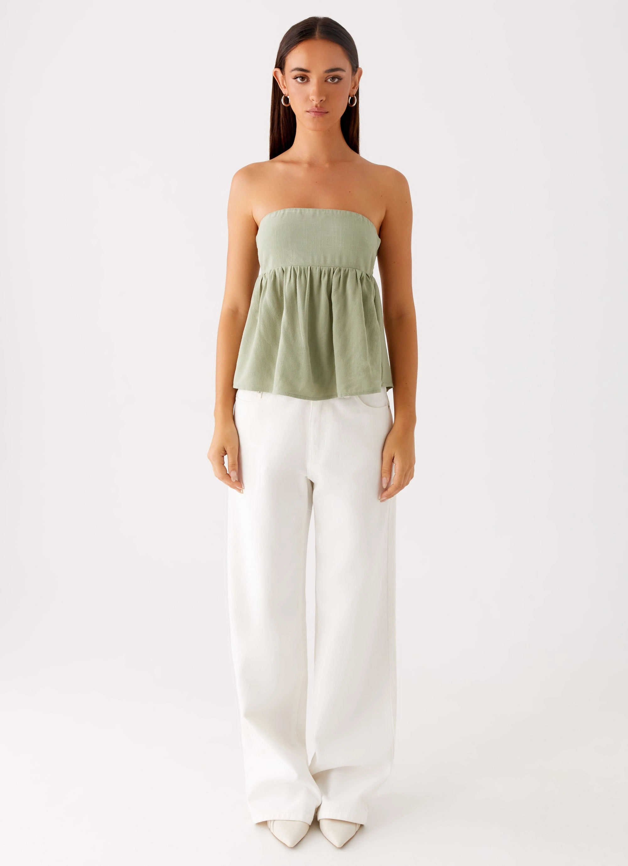 Cassie Tube Top - Sage Drop Shoulder Design MeshPanelIntegration
