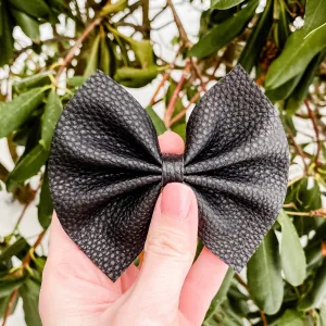 Textured Black Faux Leather Bow Headband | Hair Clip
