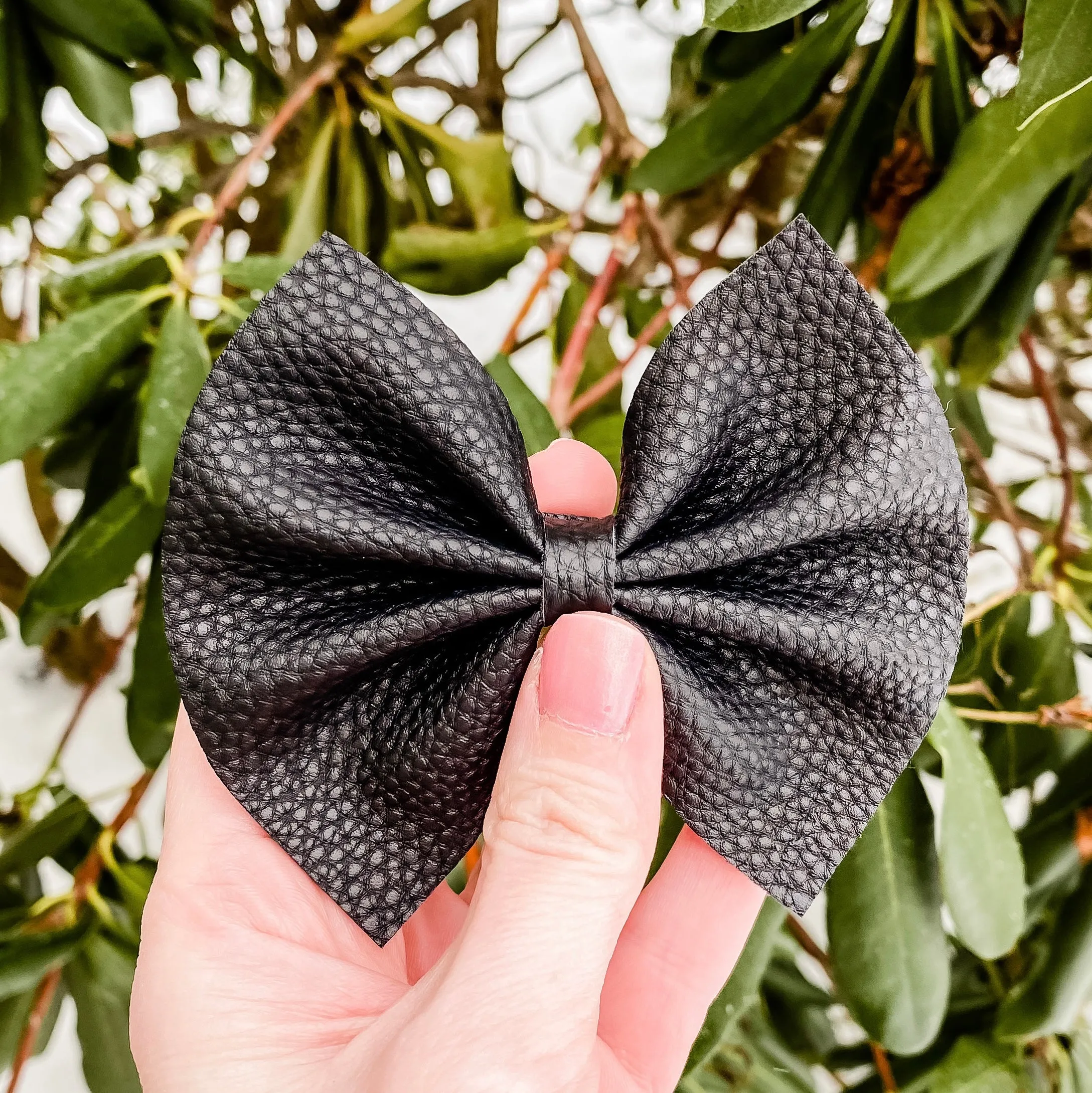 Textured Black Faux Leather Bow Headband | Hair Clip