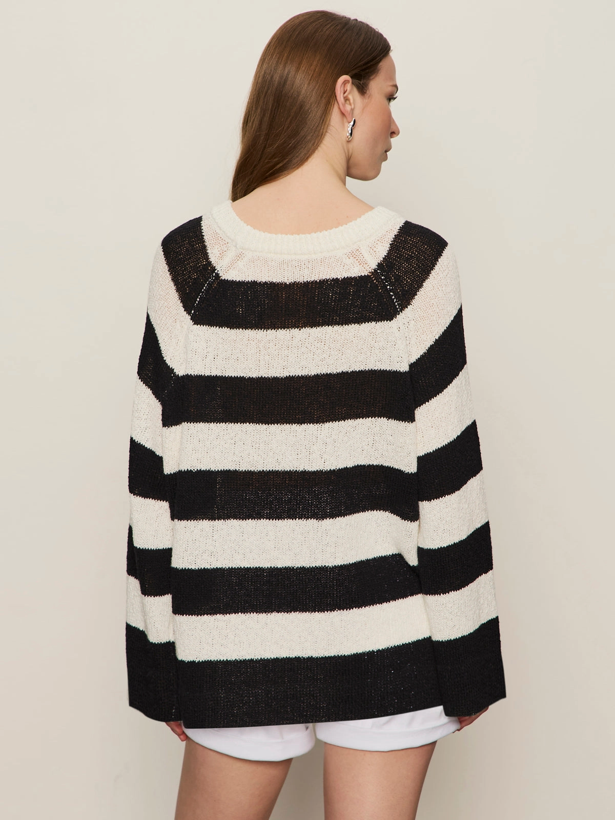 Textured Raglan Crew Sweater Chalk/ Black Stripe Circular Knit Technology